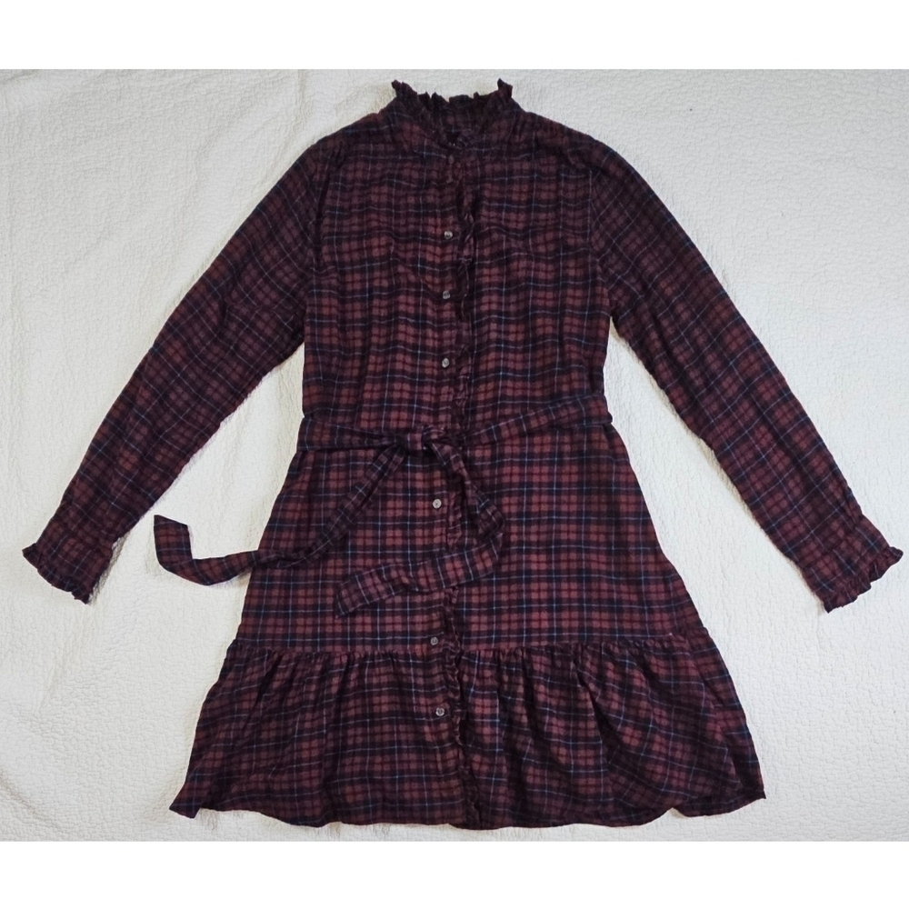 NWT GAP Plaid Tiered Mini Dress Purple Burgundy & Navy Blue Plaid Med. Tall - Picture 2 of 9